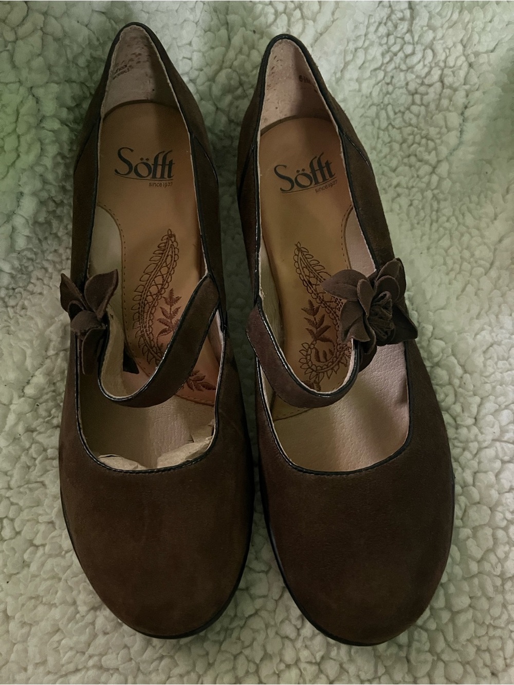 Söfft Brown Suede Mary Jane Heels with Floral Strap